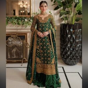 Indian Pakistani wedding Green and Gold Embroidered Formal Dress